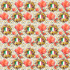 Italian flag seamless pattern.Flag of Italy background with flowers,usable for decoration, textile or paper prints, scrapbooks,planner supplies.