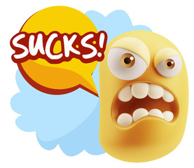 3d Illustration Angry Face Emoticon saying Sucks with Colorful S