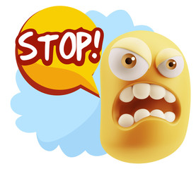 3d Illustration Angry Face Emoticon saying Stop with Colorful Sp