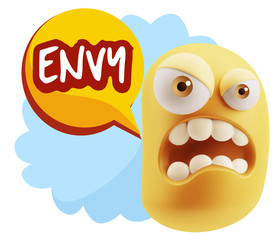 3d Illustration Angry Face Emoticon saying Envy with Colorful Sp