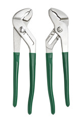 Two side of green grip adjustable pliers isolated on white