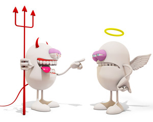 Cartoon Devil laughing at an angel, 3d rendering