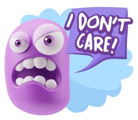 3d Illustration Angry Face Emoticon saying I Don't Care with Col