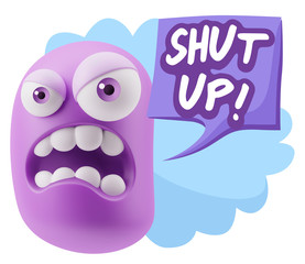 3d Illustration Angry Face Emoticon saying Shut Up with Colorful