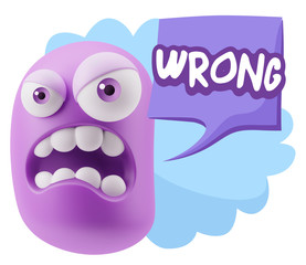 3d Illustration Angry Face Emoticon saying Wrong with Colorful S
