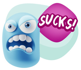 3d Illustration Angry Face Emoticon saying Sucks with Colorful S