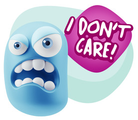 3d Illustration Angry Face Emoticon saying I Don't Care with Col