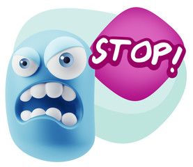 3d Illustration Angry Face Emoticon saying Stop with Colorful Sp