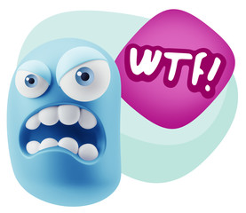 3d Illustration Angry Face Emoticon saying WTF with Colorful Spe