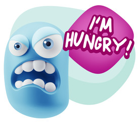 3d Illustration Angry Face Emoticon saying I'm Hungry with Color