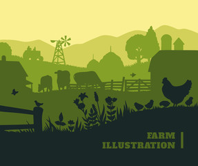 Farm illustration background, colored silhouettes elements, flat