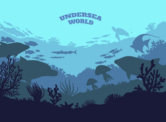 Undersea world illustration background, colored silhouettes elements, flat