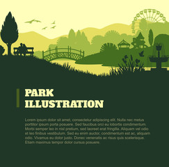 Park illustration background, colored silhouettes elements, flat