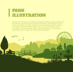Park illustration background, colored silhouettes elements, flat