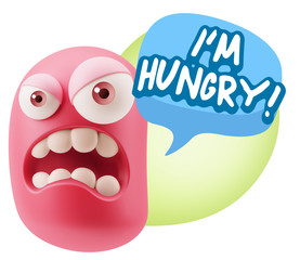 3d Illustration Angry Face Emoticon saying I'm Hungry with Color