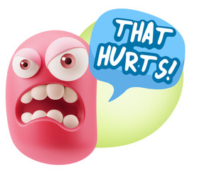 3d Illustration Angry Face Emoticon saying That Hurts with Color