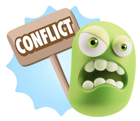 3d Illustration Angry Face Emoticon saying Conflict with Colorfu