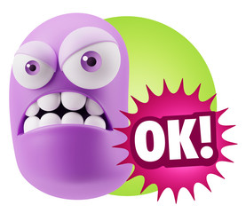 3d Illustration Angry Face Emoticon saying OK with Colorful Spee