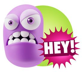 3d Illustration Angry Face Emoticon saying Hey with Colorful Spe