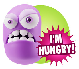 3d Illustration Angry Face Emoticon saying I'm Hungry with Color