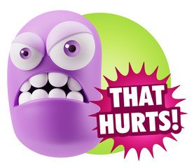 3d Illustration Angry Face Emoticon saying That Hurts with Color
