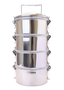 Metal Tiffin Carrier On White Background.