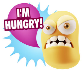 3d Illustration Angry Face Emoticon saying I'm Hungry with Color