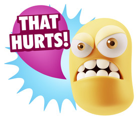 3d Illustration Angry Face Emoticon saying That Hurts with Color