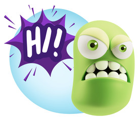 3d Illustration Angry Face Emoticon saying Hi with Colorful Spee