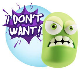 3d Illustration Angry Face Emoticon saying I Don't Want with Col
