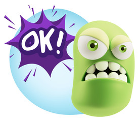 3d Illustration Angry Face Emoticon saying OK with Colorful Spee