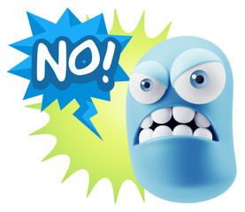 3d Illustration Angry Face Emoticon saying No with Colorful Spee