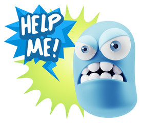 3d Illustration Angry Face Emoticon saying Help me with Colorful