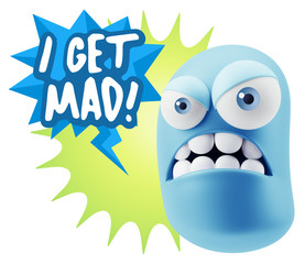 3d Illustration Angry Face Emoticon saying I Get Mad with Colorf