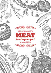 Vintage meat frame. Vector illustration. Linear graphic design. Hand drawn illustration. Meat design template.