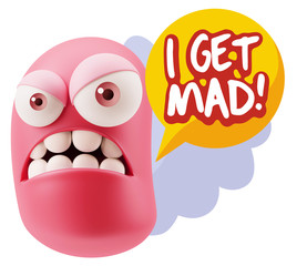 3d Illustration Angry Face Emoticon saying I Get Mad with Colorf