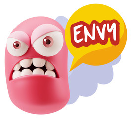 3d Illustration Angry Face Emoticon saying Envy with Colorful Sp