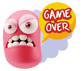 3d Illustration Angry Face Emoticon saying Game Over with Colorf