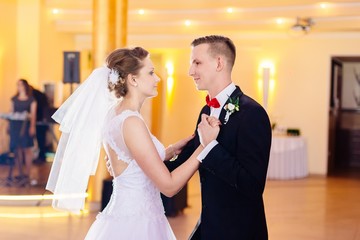 Newlyweds first dance on wedding party.