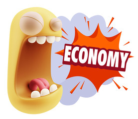 3d Illustration Angry Face Emoticon saying Economy with Colorful