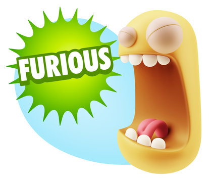 3d Illustration Angry Face Emoticon saying Furious with Colorful