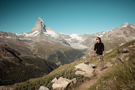 Matterhorn - Hiker in beautiful landscape of Zermatt, Switzerlan