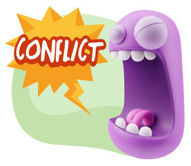3d Illustration Angry Face Emoticon saying Conflict with Colorfu