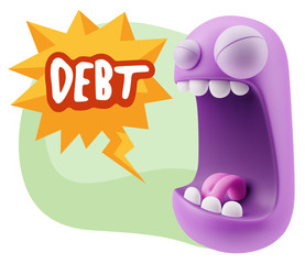 3d Illustration Angry Face Emoticon saying Debt with Colorful Sp