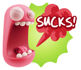 3d Illustration Angry Face Emoticon saying Sucks with Colorful S