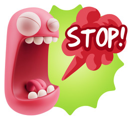 3d Illustration Angry Face Emoticon saying Stop with Colorful Sp