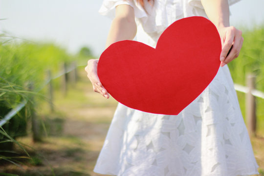 A woman is holding a paper red heart,Valentine's day concept,blu