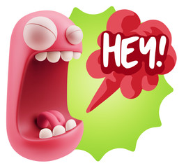 3d Illustration Angry Face Emoticon saying Hey with Colorful Spe