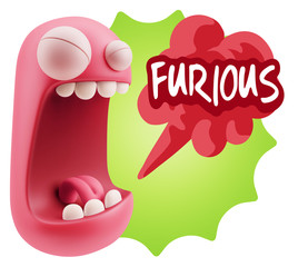 3d Illustration Angry Face Emoticon saying Furious with Colorful