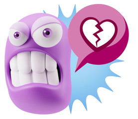 3d Illustration Angry Face Emoticon saying Heart Broken Icon wit